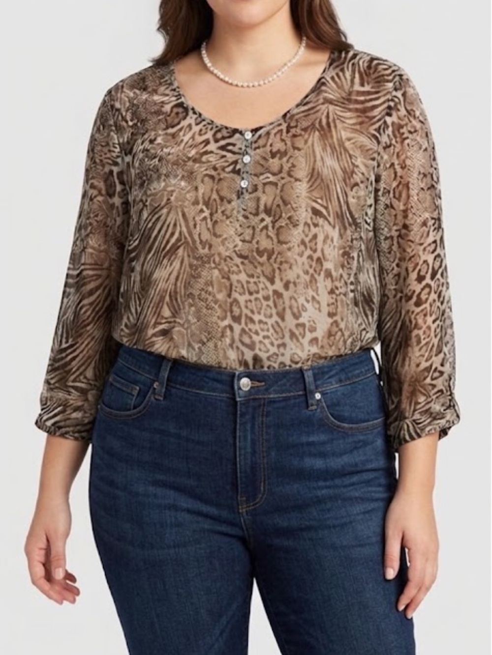 Chico’s Animal Print Sheer Lightweight Blouse Top Size L